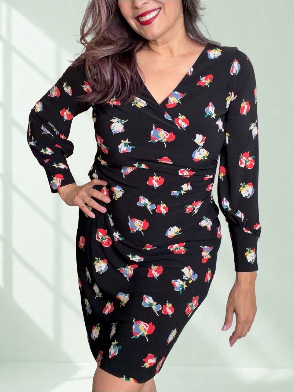 Lauren Ralph Lauren Black Floral Ruched Faux Wrap Midi Dress 8